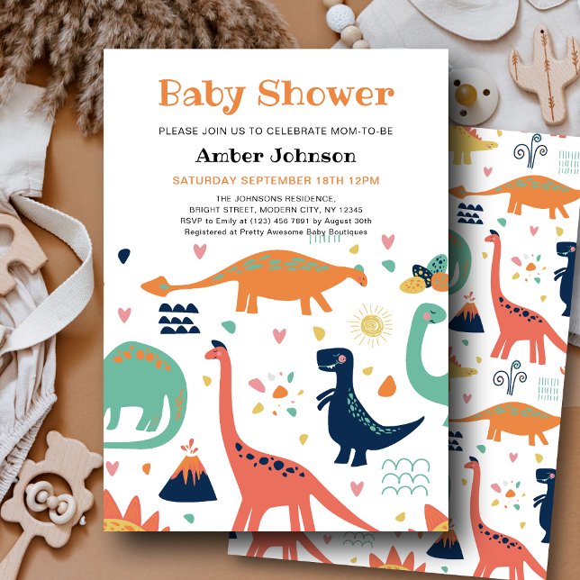 Invitación Naranja lindo Green Baby Dinosaur Boy Baby Shower (Subido por el creador)