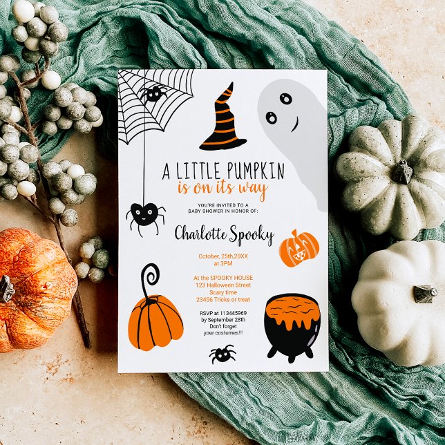 Invitación Naranja lindo ilustracion Halloween ducha bebé (Cute orange Halloween illustrations baby shower Invitation)