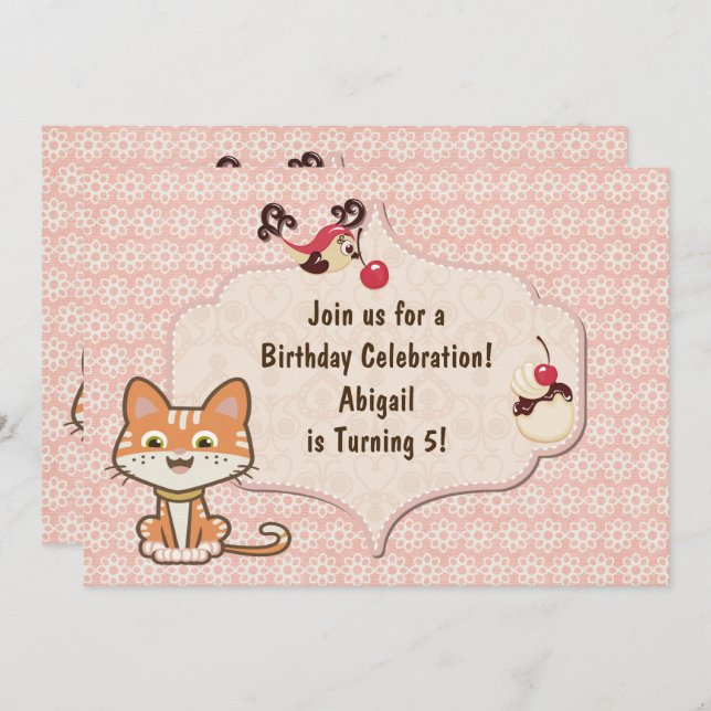 Invitación Naranja lindo Tiger Kitty Gato y Flores Cumpleaños (Anverso / Reverso)