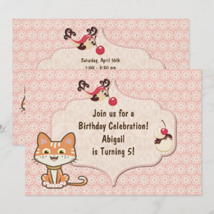 Invitación Naranja lindo Tiger Kitty Gato y Flores Cumpleaños