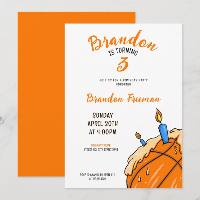 Invitación Naranja lindo y crema blanca Pastel de baloncesto  (Anverso / Reverso)