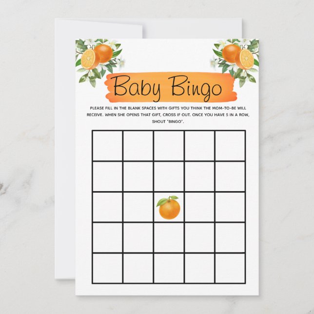 Invitación Naranja Little Cutie Baby Shower Bingo (Anverso)