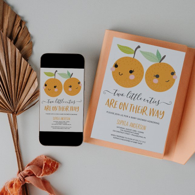 Invitación Naranja Little Cutie Citrus Chicas gemelos Baby Sh (Subido por el creador)