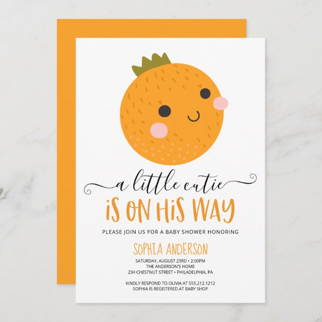 Invitación Naranja Little Cutie Citrus Moderno Boy Baby Showe (Anverso / Reverso)
