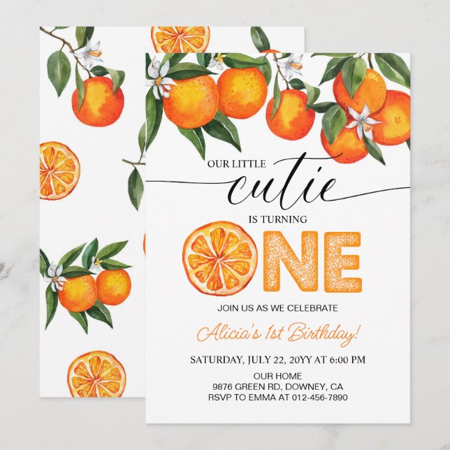 Invitación Naranja Little Cutie Citrus Primer Fiesta de cumpl (Anverso / Reverso)
