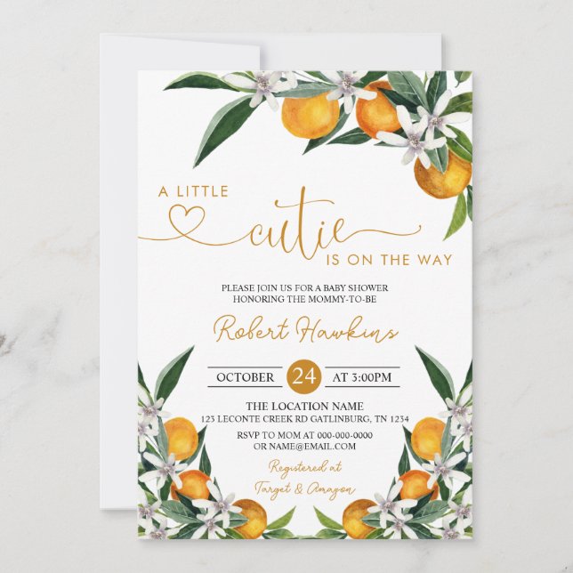 Invitación Naranja Little Cutie está en camino a Baby Shower  (Anverso)