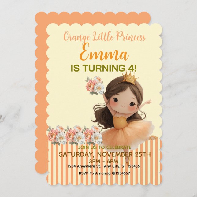 Invitación Naranja Little Princess Ball (Anverso / Reverso)