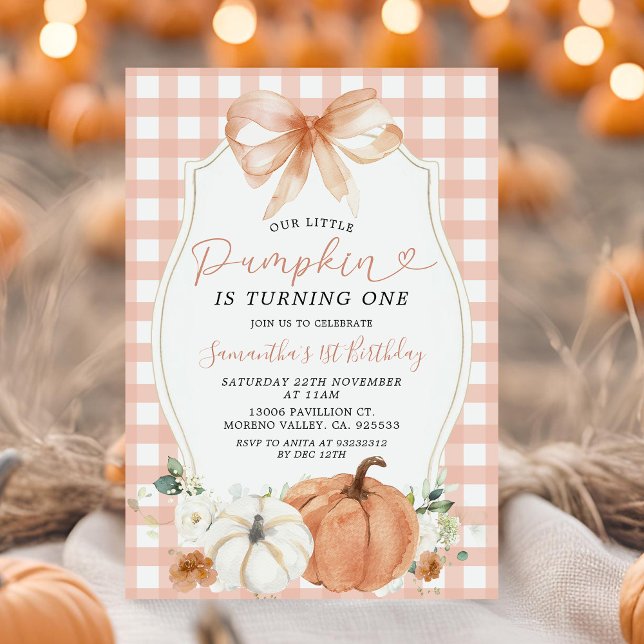 Invitación Naranja Little Pumpkin Fall Gingham Primer Cumplea (Subido por el creador)
