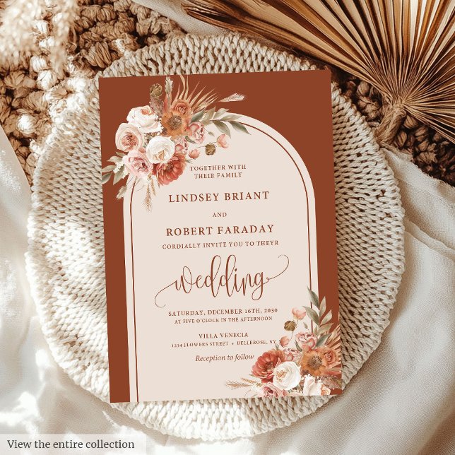 Invitación Naranja lujoso Pampas Grass Boho Boda (Luxury Dusty Orange Pampas Grass Boho Wedding Invitation)