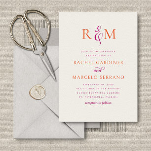 Invitación Naranja magenta brillante Boda de monograma simple