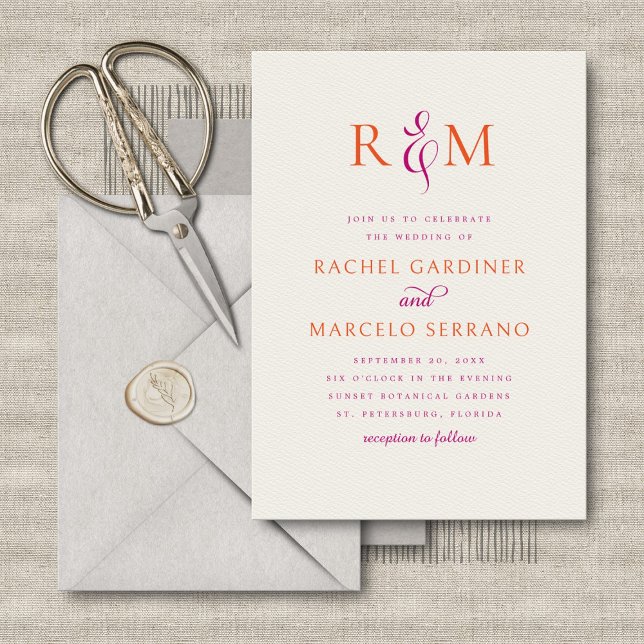 Invitación Naranja magenta brillante Boda de monograma simple (Subido por el creador)