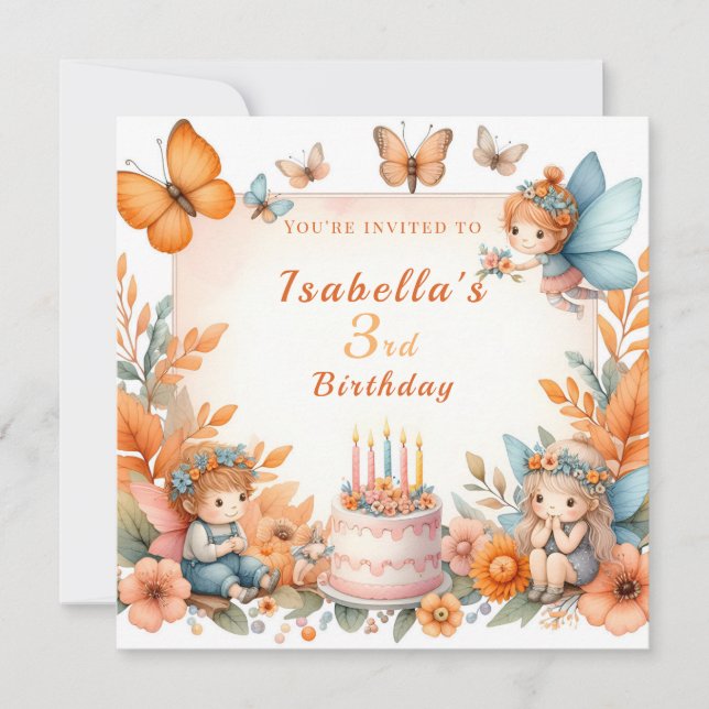 Invitación Naranja mágico Huerto de hadas - Cumpleaños (Anverso)