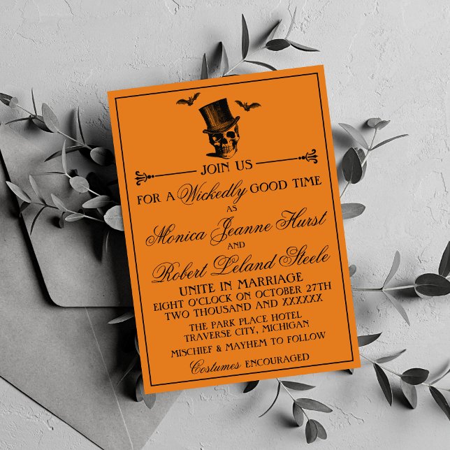 Invitación Naranja malvado de Halloween Boda gótica negra (Subido por el creador)
