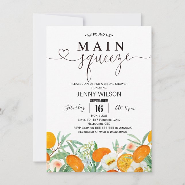 Invitación Naranja Mandarin Floral Principal Squeeze Bridal S (Anverso)