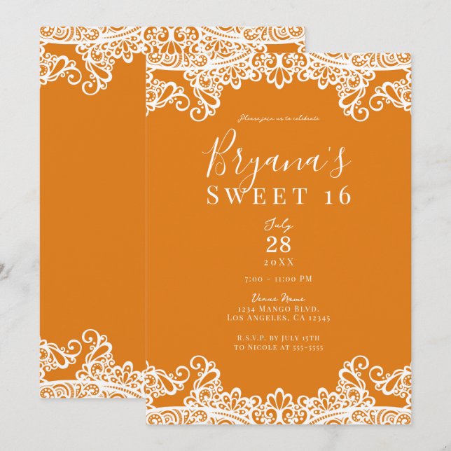 Invitación Naranja Mango White Lace Elegant Sweet 16 Fiesta (Anverso / Reverso)