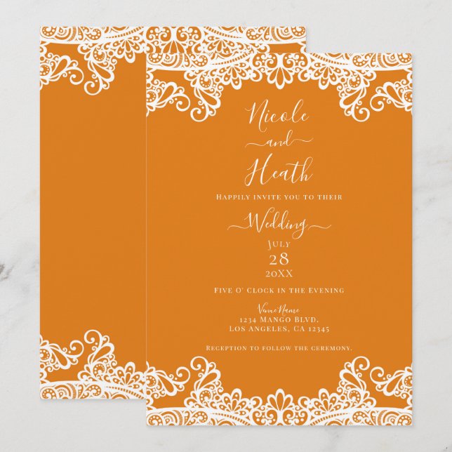 Invitación Naranja Mango y Encaje Blanco Elegante Boda (Anverso / Reverso)