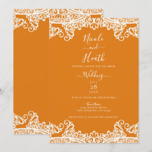 Invitación Naranja Mango y Encaje Blanco Elegante Boda