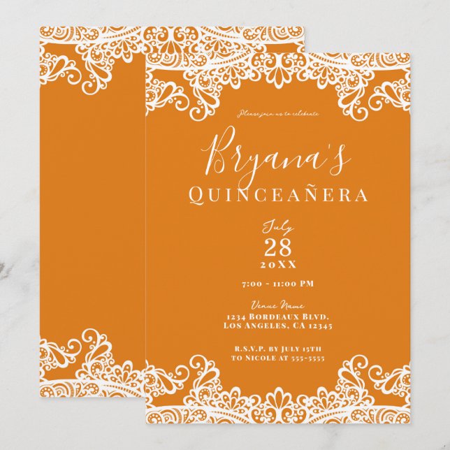 Invitación Naranja Mango y Encaje Blanco Elegante Quinceañera (Anverso / Reverso)