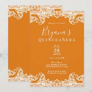 Invitación Naranja Mango y Encaje Blanco Elegante Quinceañera