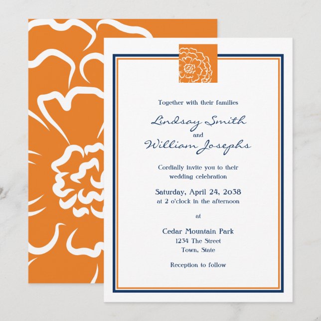 Invitación Naranja Marigold Flor Floral y Boda Azul (Anverso / Reverso)