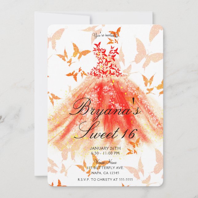 Invitación Naranja Mariposa Roja Vestido Dance Dress Sweet 16 (Anverso)