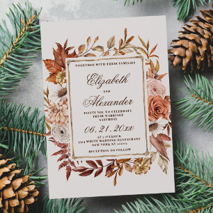 Invitación Naranja marrón vintage hojas florales boda de invi