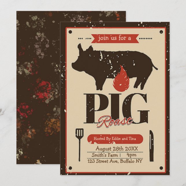 Invitación Naranja marrón Vintage Pig Roast (Anverso / Reverso)