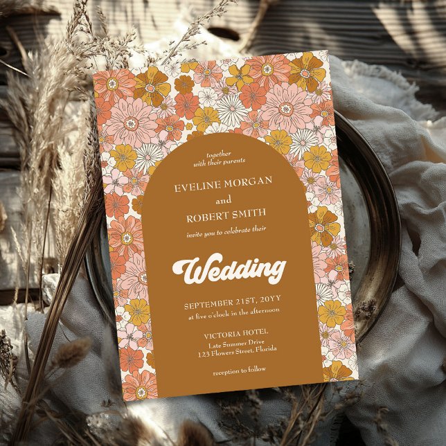 Invitación Naranja marrón y flores de marfil del arco de Boho (Boho arch brown orange and ivory flowers invitation)