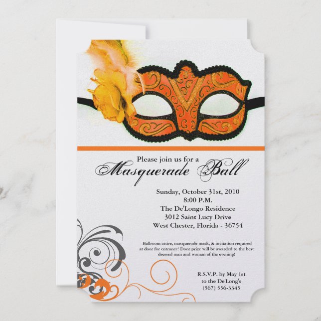 Invitación Naranja Mascarada Máscara de bolas Disfraces Hallo (Anverso)