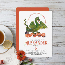 Invitación Naranja medieval dulce Green Dragon Kids Bday Typo