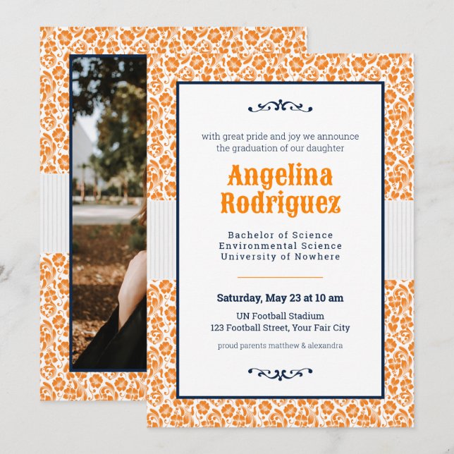 Invitación Naranja menor de edad Floral Damask Photo Graduati (Anverso / Reverso)