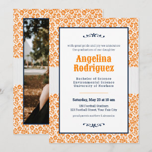Invitación Naranja menor de edad Floral Damask Photo Graduati