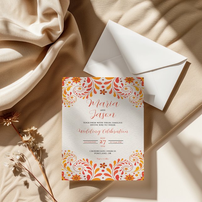 Invitación Naranja mexicano Boda floral de mariposa amarillo  (Mexican Orange Red Yellow Butterfly Floral Wedding Invitation)