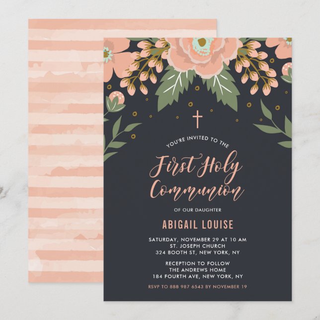 Invitación Naranja Miel florece Primera Comunión Santa (Anverso / Reverso)