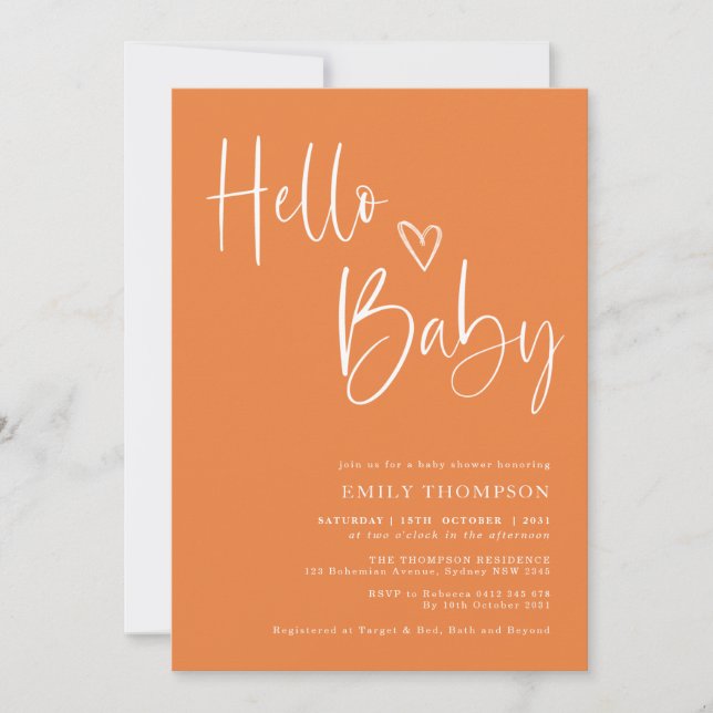 Invitación Naranja minimalista Género Blanco Neutral Baby Sho (Anverso)