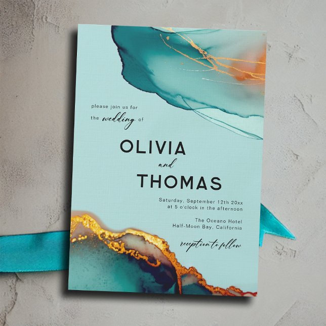 Invitación Naranja minimalista Verde azulado guión moderno Bo (minimalist modern elegant orange and teal wedding invitation watercolor beach autumn fall romantic)