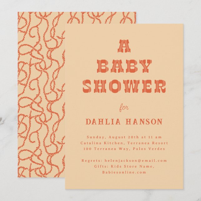 Invitación Naranja mínimo de color Baby Shower occidental (Anverso / Reverso)