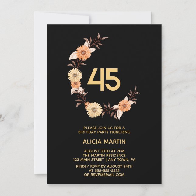 Invitación Naranja moda Flor Oro Botánico Nacimiento Negro (Anverso)