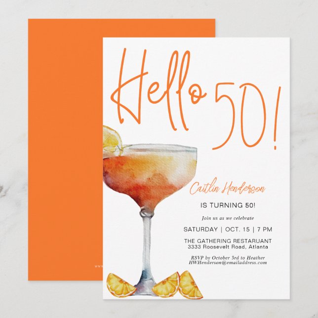 Invitación Naranja moderna Hola a los 50 años (Anverso / Reverso)