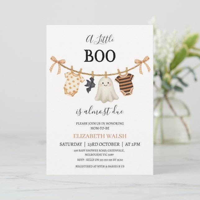 Invitación Naranja moderno Clothesline Little Boo Baby Shower (Anverso de pie)