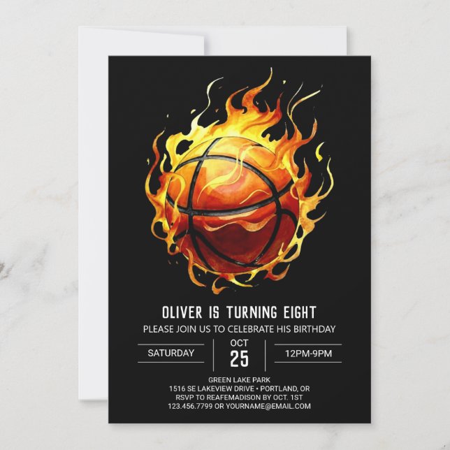 Invitación Naranja moderno Editable Baloncesto Cumpleaños (Anverso)