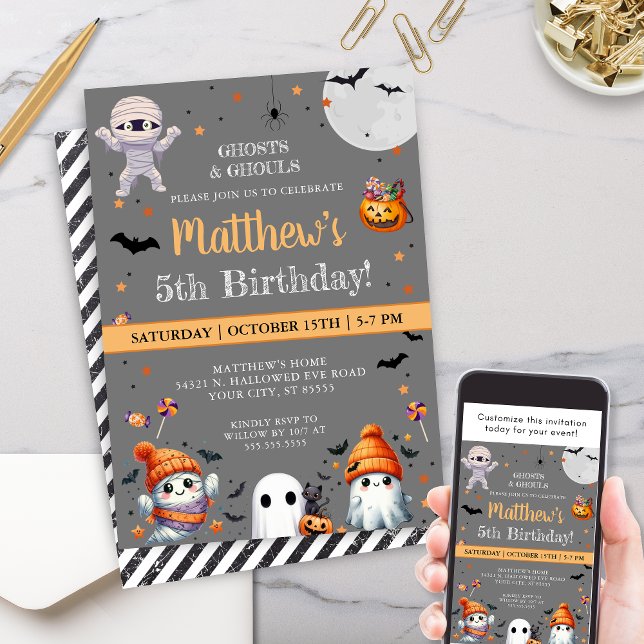 Invitación Naranja moderno Fiesta fantasma lindo Halloween Cu (Spooktacular halloween birthday party invitations for costume party cute ghost theme party invites)