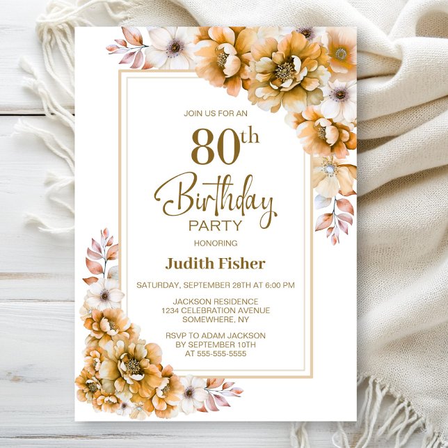 Invitación Naranja moderno Floral 80 cumpleaños (Subido por el creador)