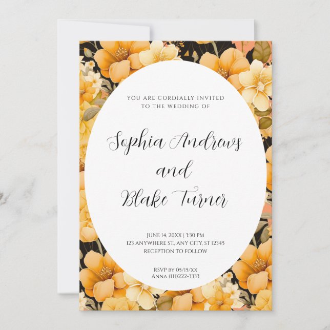 Invitación Naranja moderno Jardín Boda con marcos florales (Anverso)