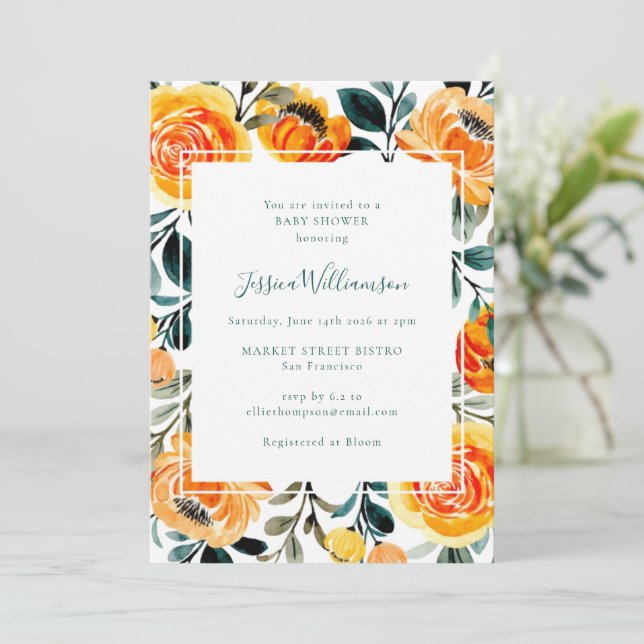 Invitación Naranja moderno Jardín floral amarillo Baby Shower (Anverso de pie)