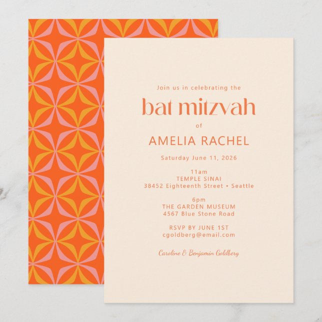 Invitación Naranja moderno lindo Tipografía retro Bat Mitzvah (Anverso / Reverso)