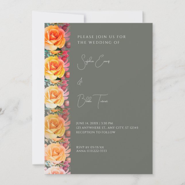 Invitación Naranja moderno Ombre Rosas Boda Verde (Anverso)