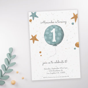 Invitación Naranja moderno simple globo azul primer cumpleaño