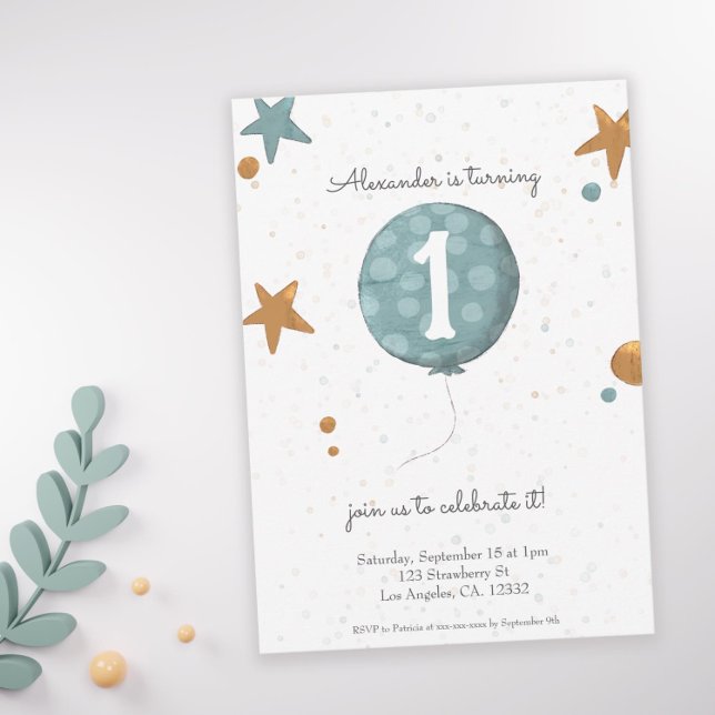 Invitación Naranja moderno simple globo azul primer cumpleaño (Subido por el creador)