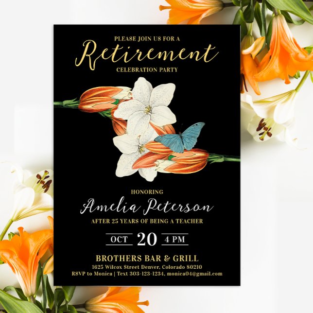 Invitación Naranja moderno simple retiro negro Lily Floral (Subido por el creador)
